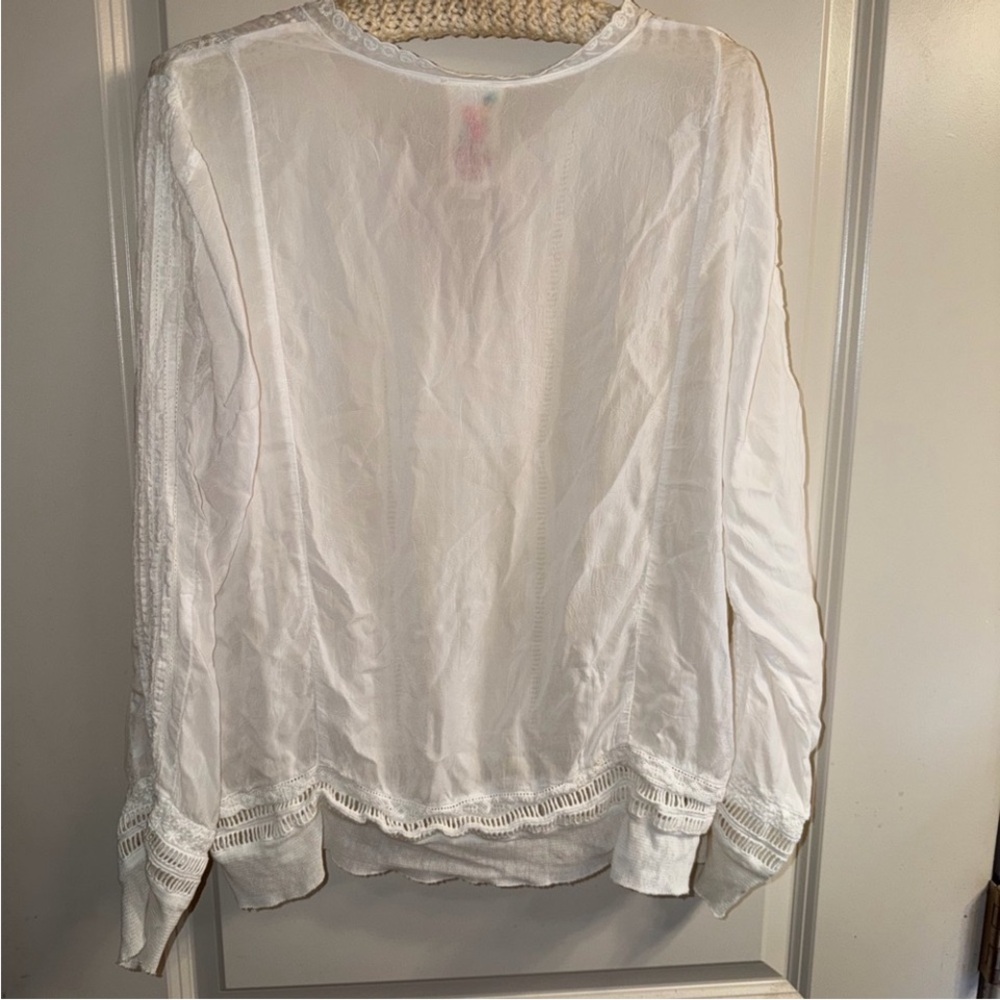Johnny Was White Embroidered Peasant Blouse with Pink Floral Accents - Picture 2 of 2